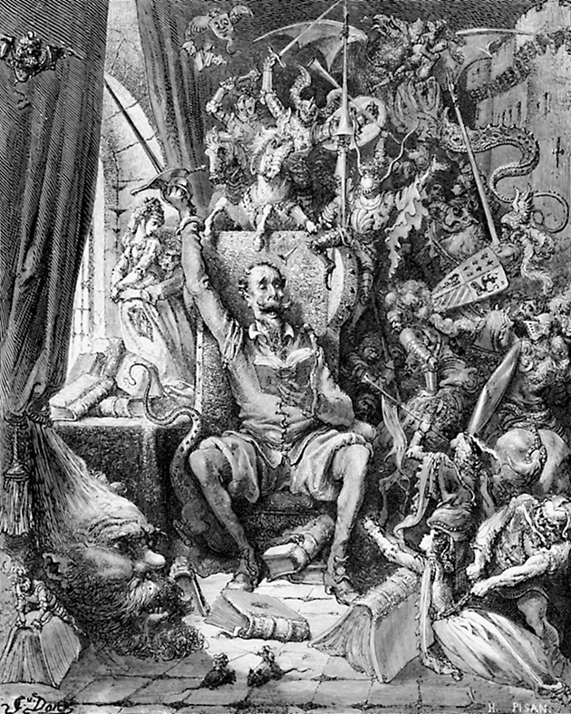B0E9T8 Engraving of Gustave Dore illustration of Don Quixote in his library